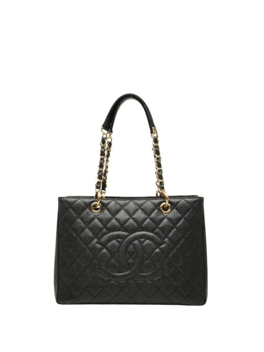 Chanel CC Logo Grand Shopping Tote GST Chain Shoulder Bag Black Caviar Leather